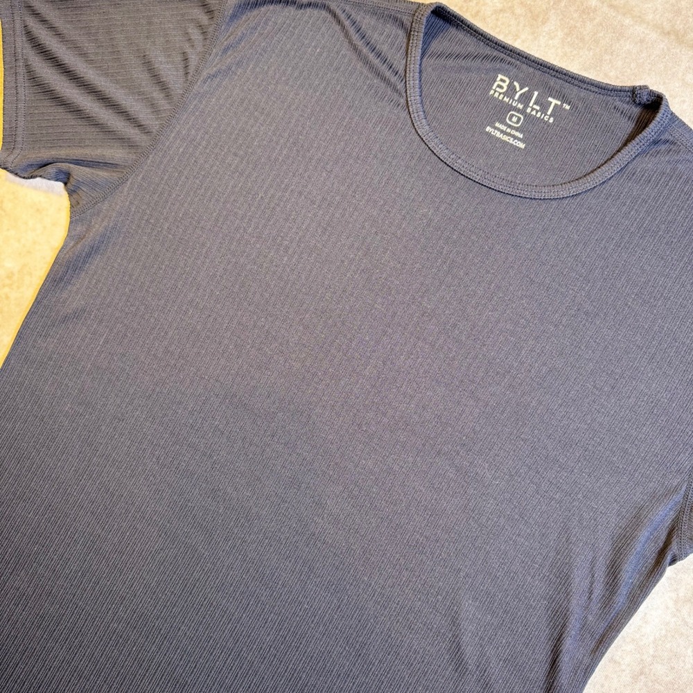 BYLT Premium Basics Mens Ribbed Short Sleeve Tee Navy Blue Curved Hem Size M